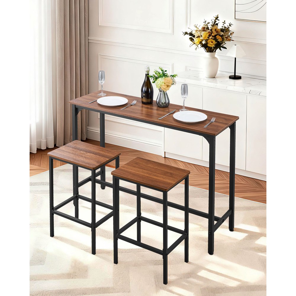 VEVOR Bar Table, 3PCS 47″ Bars Tables Set, Bar Tables and Chair Set with Rounded Edge Design, Rectangular Pub Table with Two Stools for Office Desk, Breakfast Corner, Mini Bars, Rustic Brown, Black
