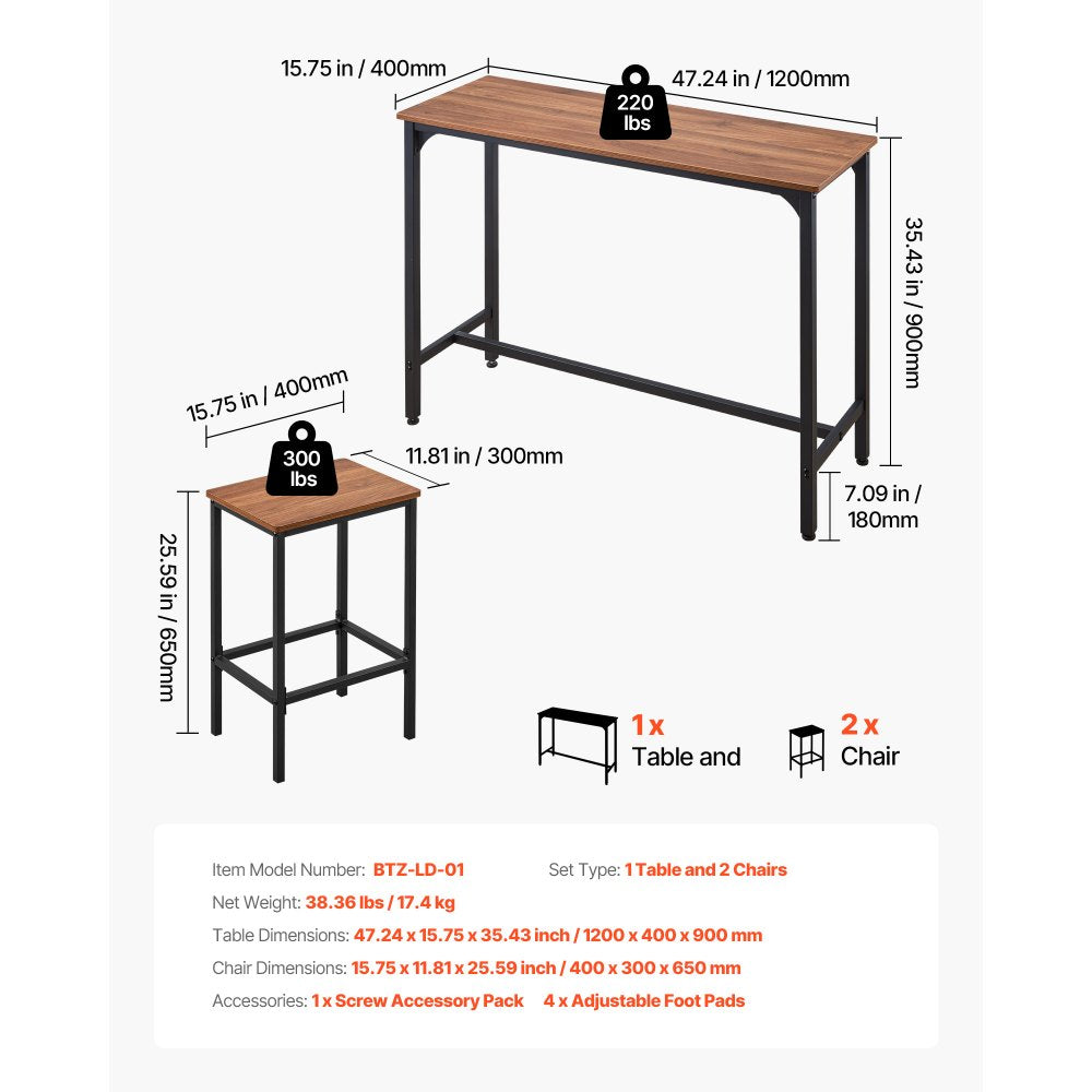 VEVOR Bar Table, 3PCS 47″ Bars Tables Set, Bar Tables and Chair Set with Rounded Edge Design, Rectangular Pub Table with Two Stools for Office Desk, Breakfast Corner, Mini Bars, Rustic Brown, Black