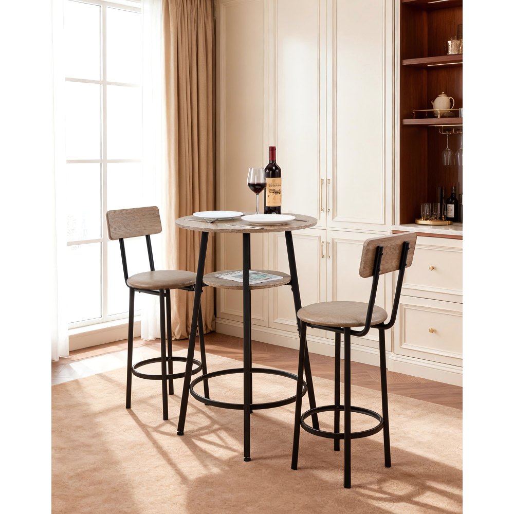 VEVOR Bar Table, 3PCS 23.5″ Bars Tables Set, Bar Tables and Chair Set with Rounded Corner Design, Round Pub Table with Two Stools for Office Desk, Breakfast Corner, Mini Bars, Light Gray, Black