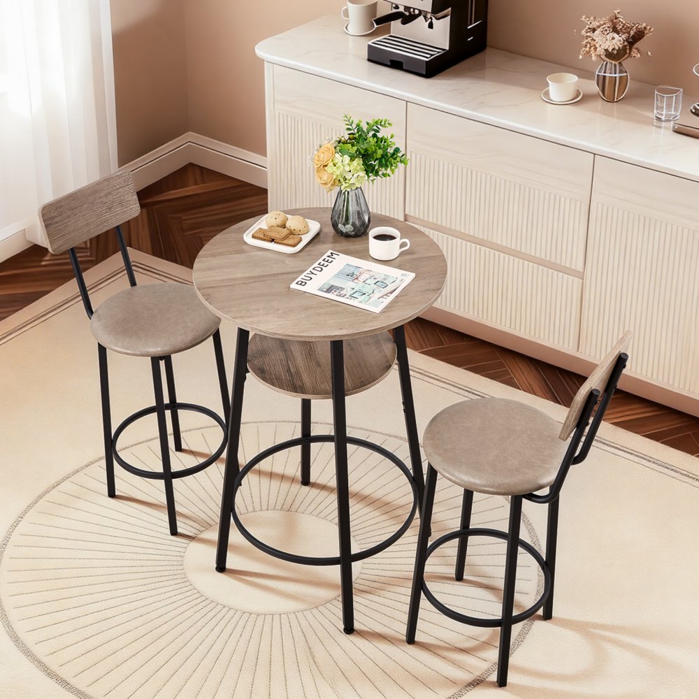 VEVOR Bar Table, 3PCS 23.5″ Bars Tables Set, Bar Tables and Chair Set with Rounded Corner Design, Round Pub Table with Two Stools for Office Desk, Breakfast Corner, Mini Bars, Light Gray, Black