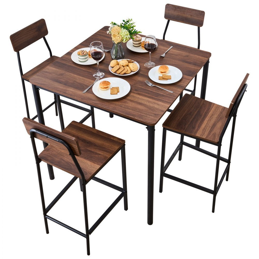 VEVOR Bar Table, 5PCS 35″ Bars Tables Set, Bar Tables and Chair Set with Rounded Edge Design, Square Pub Table with Four Stools for Living Room, Dining Room, Kitchen, Walnut Color, Black