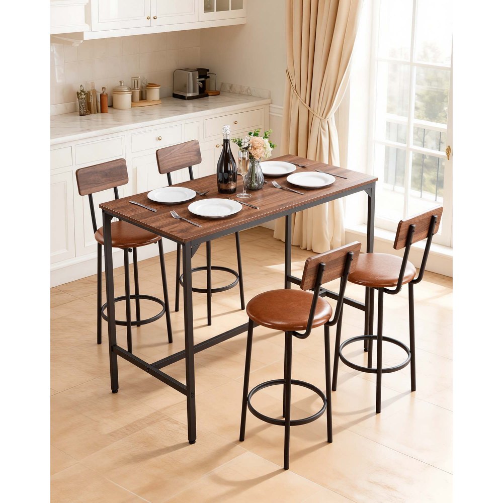 VEVOR Bar Table, 5PCS 47″ Bars Tables Set, Bar Tables and Chair Set with Rounded Edge Design, Rectangular Pub Table with Four Stools for Living Room, Dining Room, Kitchen, Walnut Color, Black