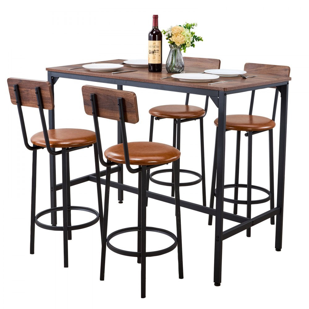 VEVOR Bar Table, 5PCS 47″ Bars Tables Set, Bar Tables and Chair Set with Rounded Edge Design, Rectangular Pub Table with Four Stools for Living Room, Dining Room, Kitchen, Walnut Color, Black