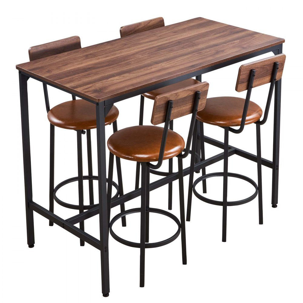 VEVOR Bar Table, 5PCS 47″ Bars Tables Set, Bar Tables and Chair Set with Rounded Edge Design, Rectangular Pub Table with Four Stools for Living Room, Dining Room, Kitchen, Walnut Color, Black