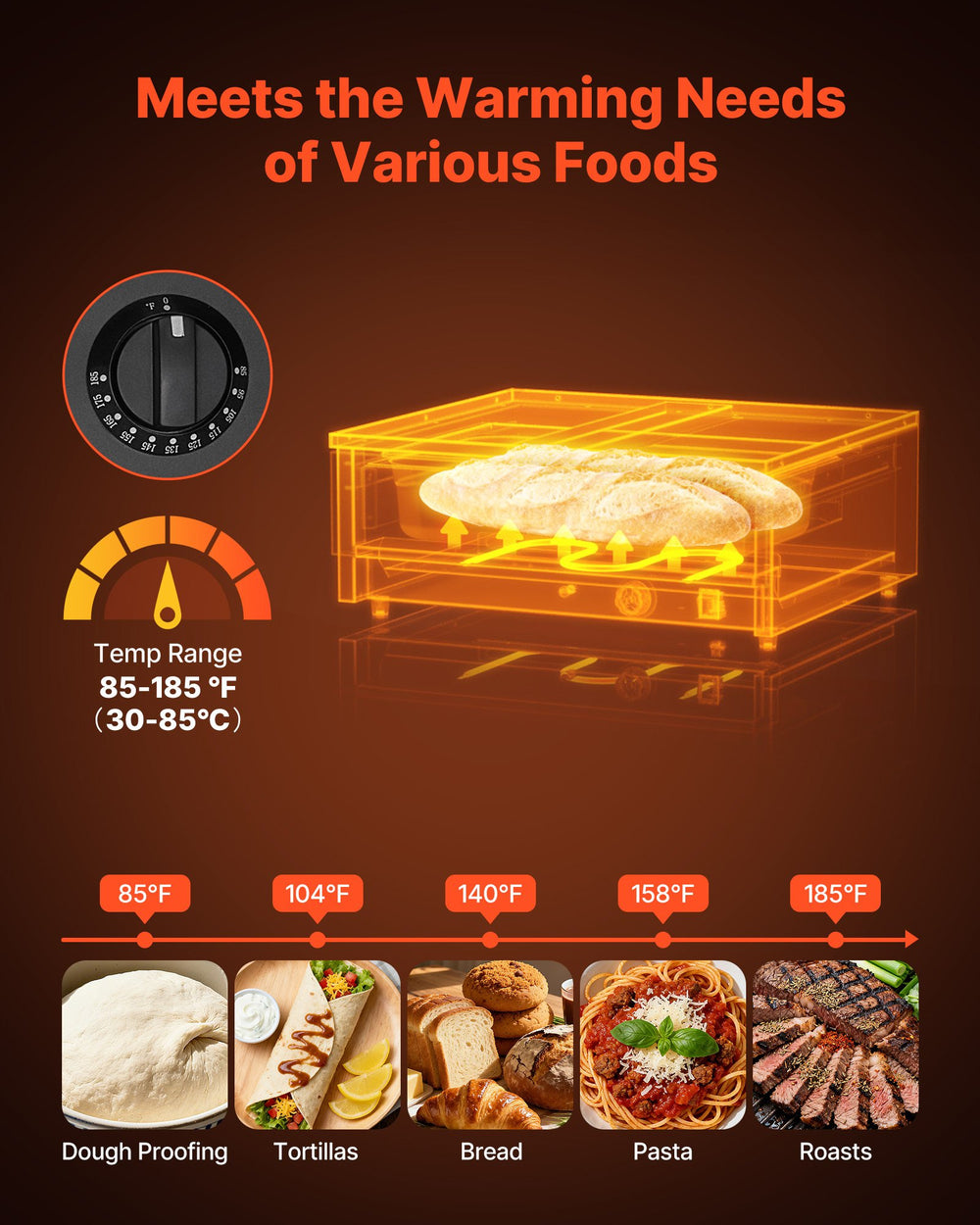 VEVOR warming drawer temperature range graphic - 85°F to 185°F
