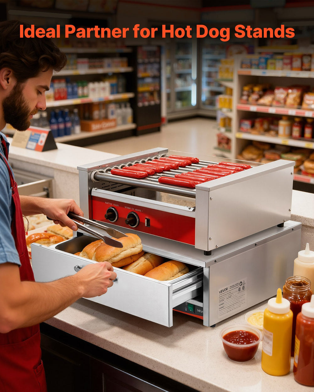 VEVOR drawer warmer use case - ideal partner for hot dog stands