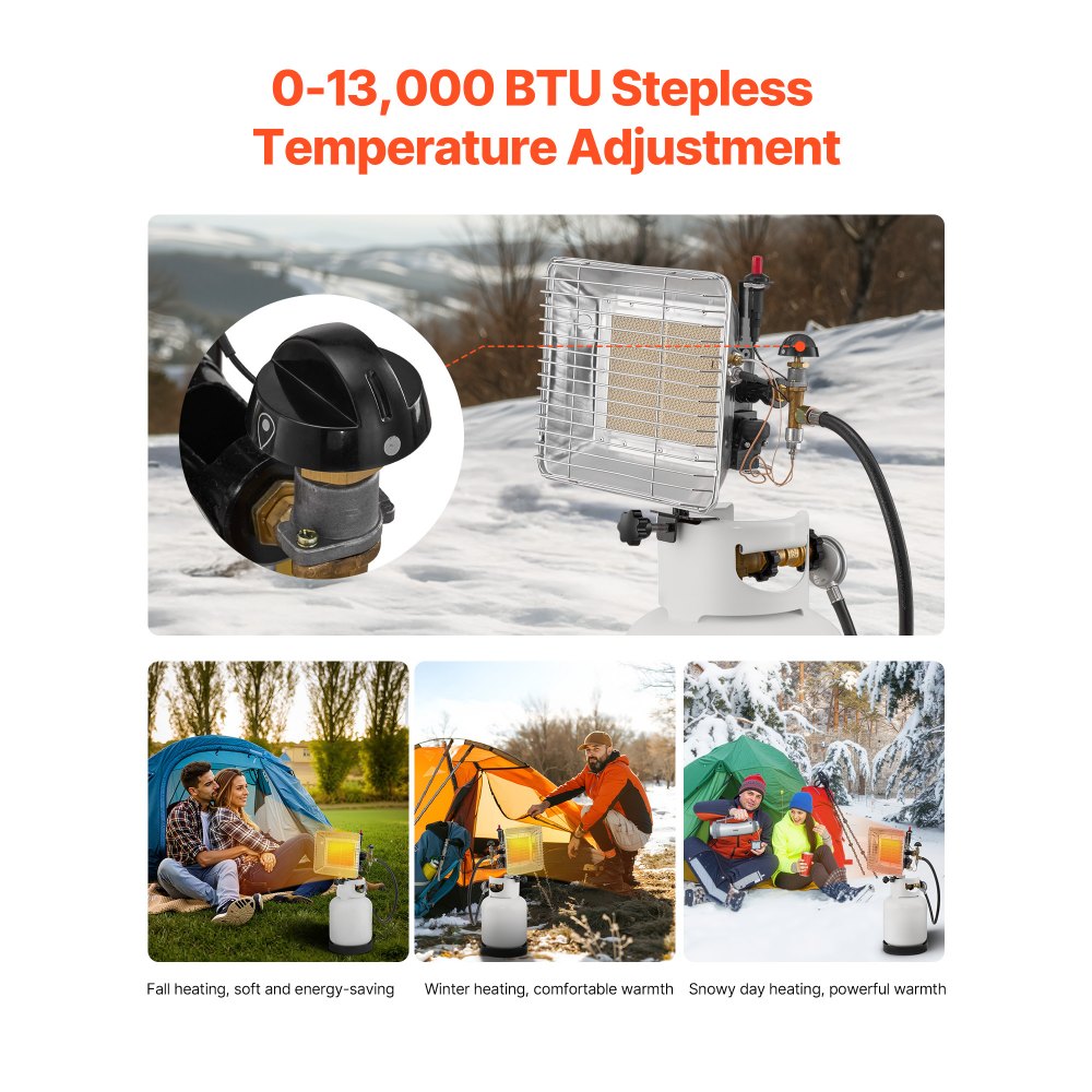 VEVOR Propane Tank Top Heater, 13000 BTU Rapid Heating 180-Degree Infrared Radiant Tank Top Gas Heater, Stepless Temperature Adjustment for Ice Fishing/ Hunting/Outdoor Work, Single Burner Square
