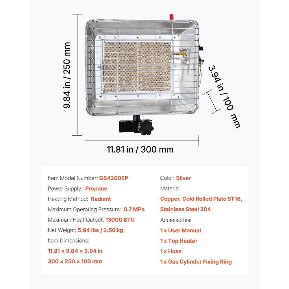 VEVOR Propane Tank Top Heater, 13000 BTU Rapid Heating 180-Degree Infrared Radiant Tank Top Gas Heater, Stepless Temperature Adjustment for Ice Fishing/ Hunting/Outdoor Work, Single Burner Square