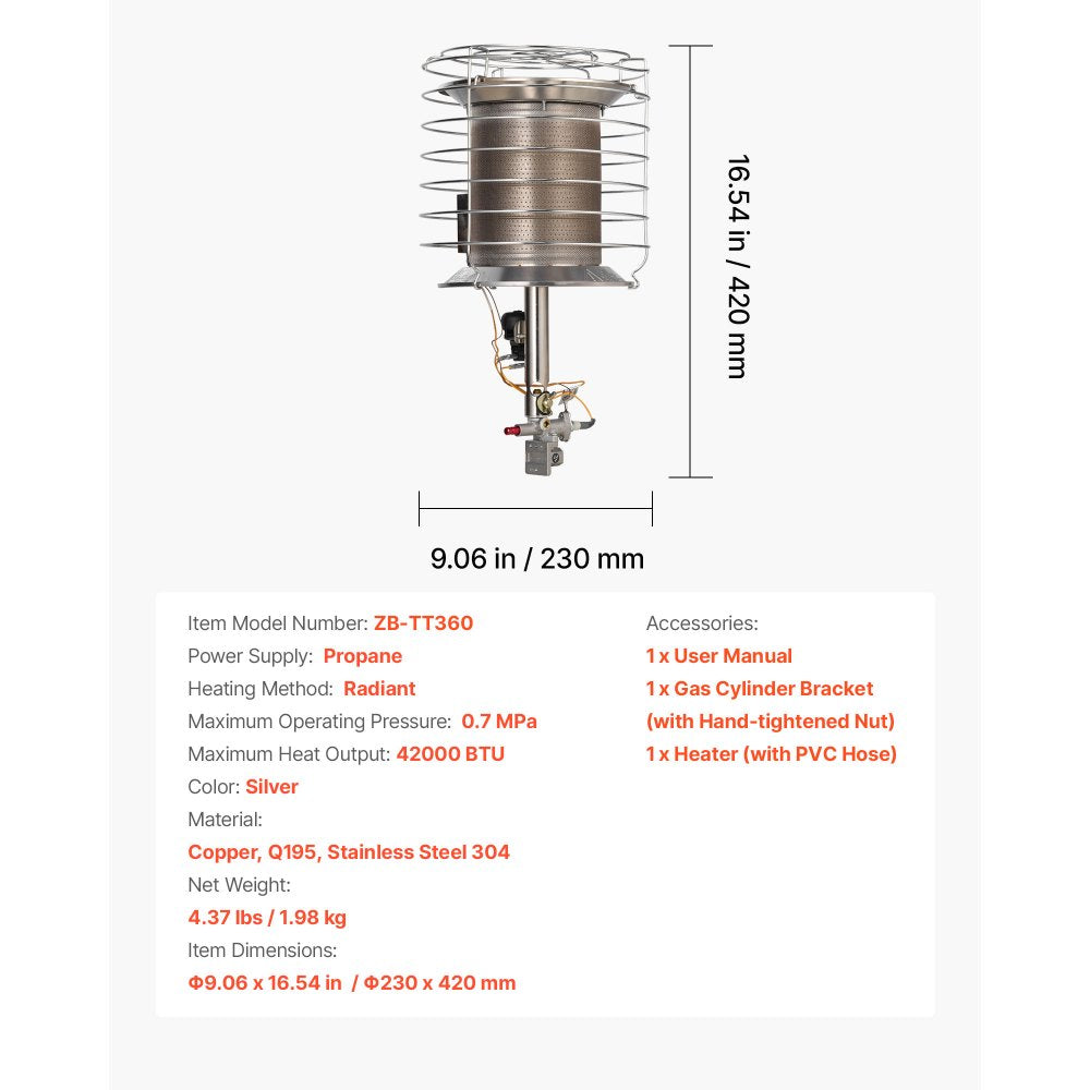 VEVOR Propane Tank Top Heater, 42000 BTU Rapid Heating 360-Degree Infrared Radiant Tank Top Gas Heater, Stepless Temperature Adjustment for Ice Fishing/ Hunting/Outdoor Work, Single Burner