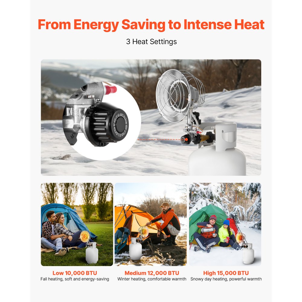 VEVOR Propane Tank Top Heater, 15000 BTU Rapid Heating 180-Degree Infrared Radiant Tank Top Gas Heater, Stepless Temperature Adjustment for Ice Fishing/ Hunting/Outdoor Work, Single Burner Round