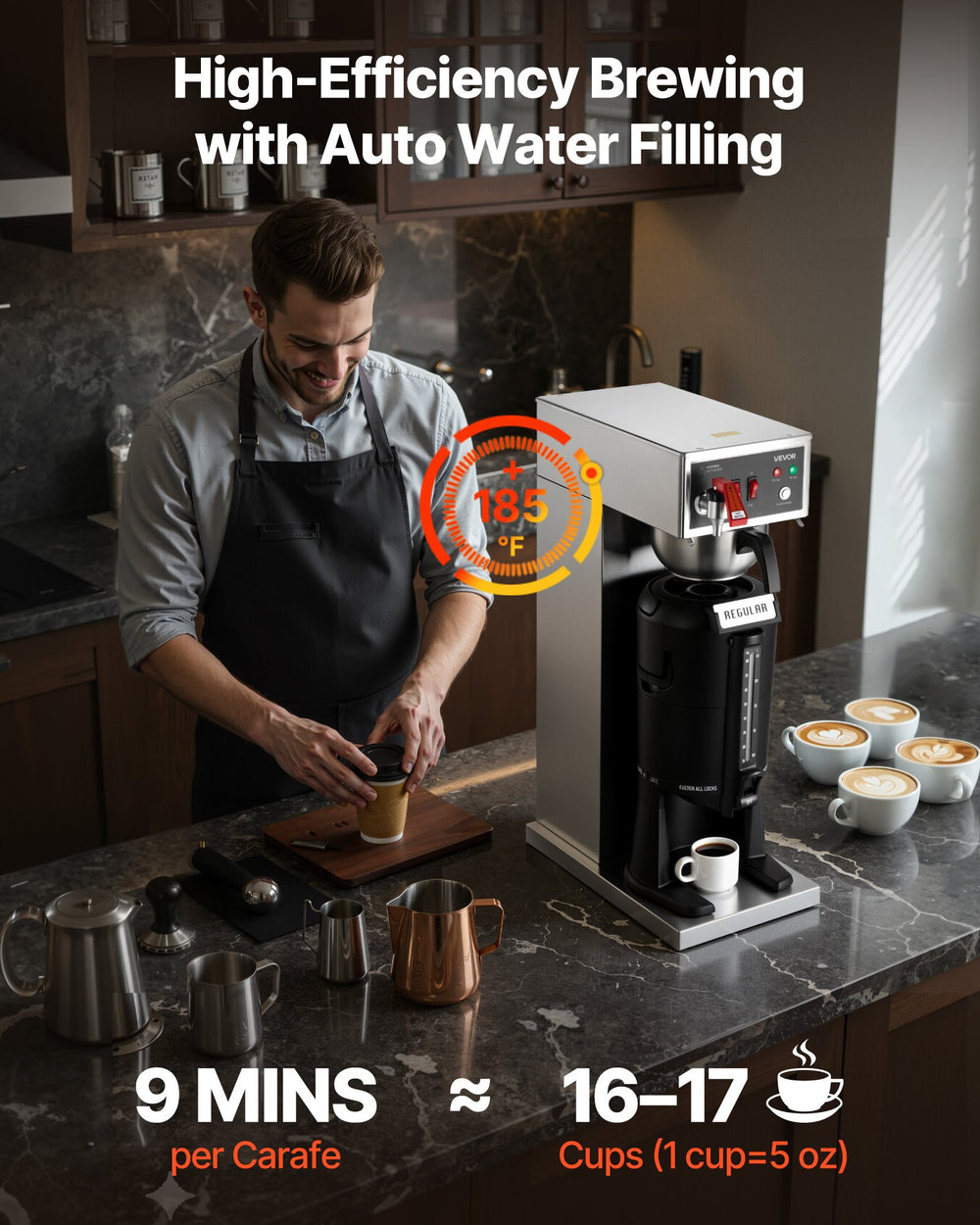 High-efficiency brewing with auto water filling (9 minutes per carafe, 16-17 cups)