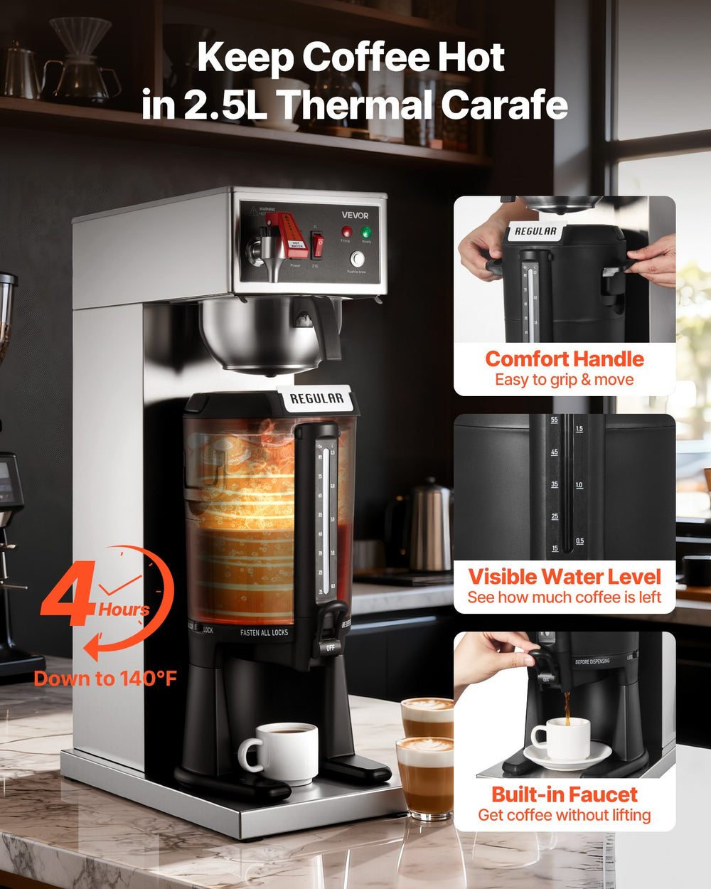 Keep coffee hot in 2.5 L thermal carafe (4 hours) with comfort handle and built-in faucet
