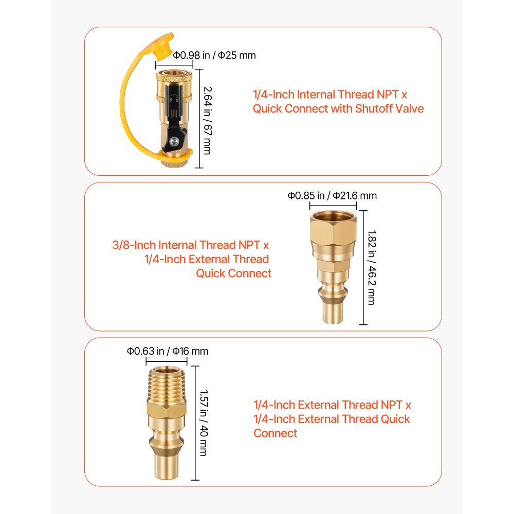 VEVOR RV Propane Quick Connect Fitting Adapter Valve, 7 Pieces, 1/4-Inch Male NPT Full Flow Plug & 3/8-Inch Male Flare Quick Kit for Low Pressure Gas Appliances and RV Propane Quick Connections
