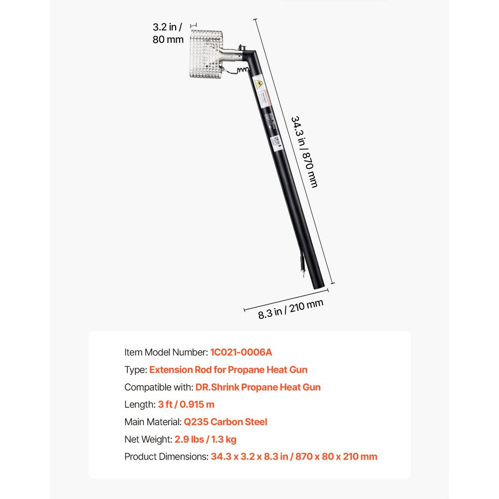 VEVOR 3FT Extension Pole for Heat Gun, Only Compatible with DR.Shrink Propane Heat Guns, Extended Reach Rod for Fast Heat-Shrink Wrapping, Combustor Head Included