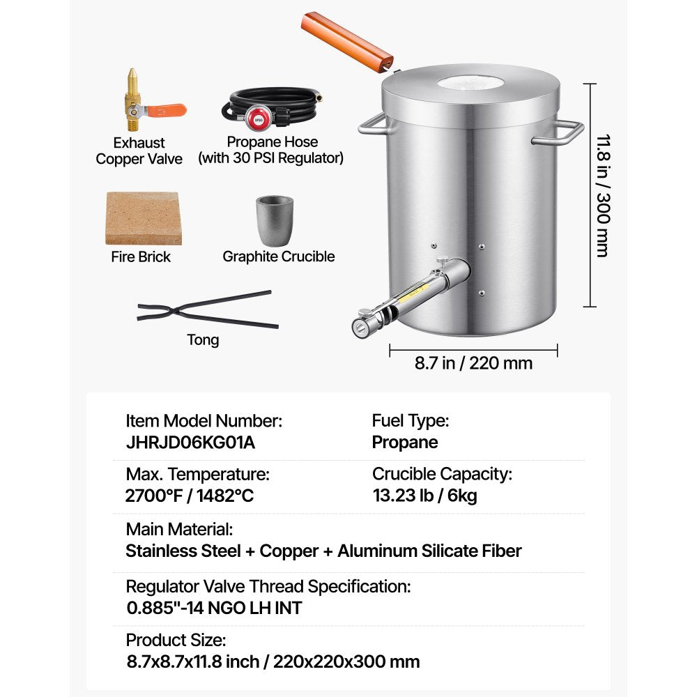 VEVOR 6KG Propane Melting Furnace Kit, Large Capacity Foundry Home Kilns, Blacksmithing Forge with Crucible & Tongs Kiln, Stainless Steel, For Metal Scrap Recycle, Gold Copper Silver Casting