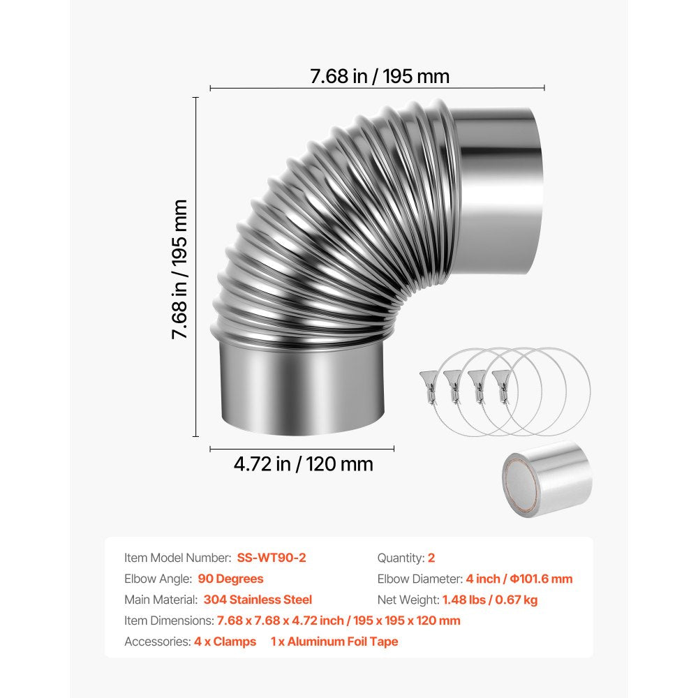 VEVOR 2 Pack Dryer Vent Elbow, 90 Degree Hose Connector Kit for 4 Inch Duct, Stainless Steel Vent Elbows with 4 Clamps and Aluminum Foil Tape, for HVAC Ducts, Pipes, and Ductworks at Tight Space