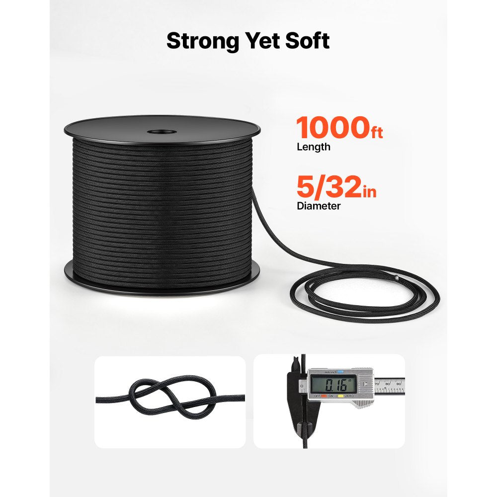 VEVOR Paracord Rope 5/32 in x 1000 ft Nylon Parachute Cord 550 Tactical, Survival Cord, Heavy Duty 7 Strand, 600 lbs High Breaking Strength, Utility Rope, for Outdoor Camping & Bracelets, Black