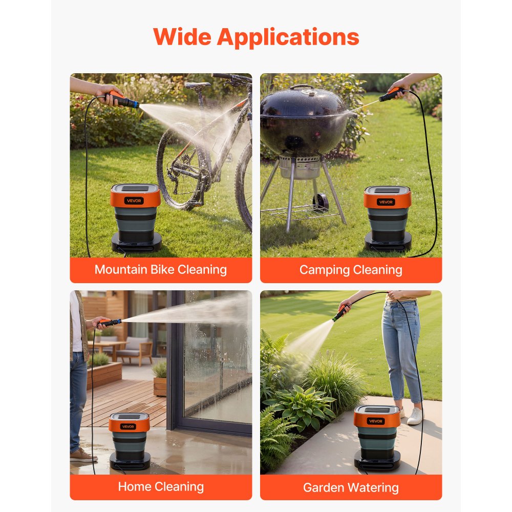 VEVOR Portable Cordless Pressure Washer with 2.64 Gal Tank, Foldable Power Washer 109 Max PSI, 3 Nozzles, Magnetic Sponge Brush & Soft Bristle Brush,78.7 in Hose, for Bike Cleaning, Patio, Camping