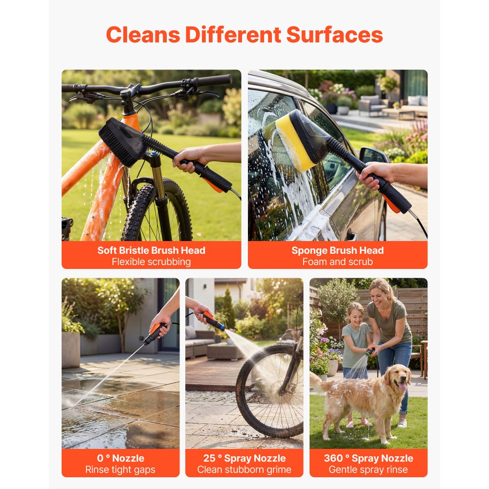 VEVOR Portable Cordless Pressure Washer with 2.64 Gal Tank, Foldable Power Washer 109 Max PSI, 3 Nozzles, Magnetic Sponge Brush & Soft Bristle Brush,78.7 in Hose, for Bike Cleaning, Patio, Camping