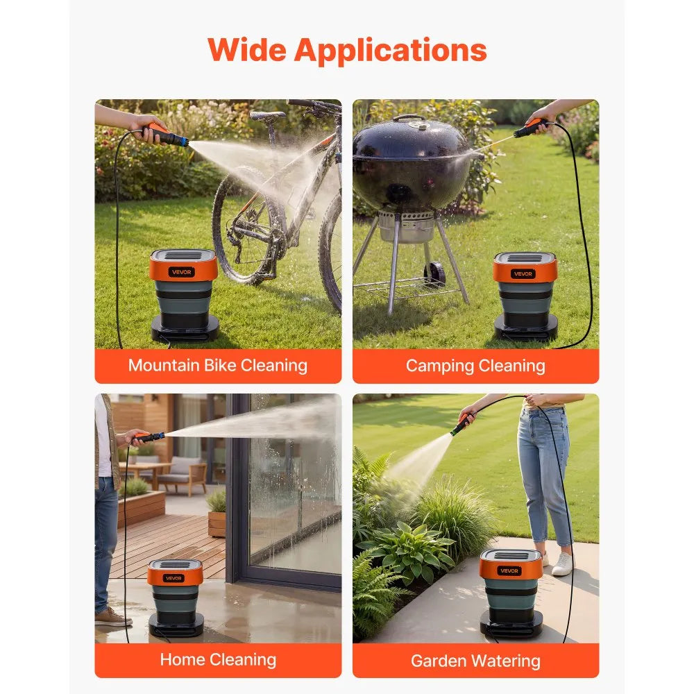VEVOR Portable Cordless Pressure Washer with 2.64 Gal Tank, Foldable Power Washer 109 Max PSI 0.79 Max GPM, 3 Nozzles,Flexible 78.7 in Hose, Type-C Charging, for Bike Cleaning, Patio, Camping, Garden