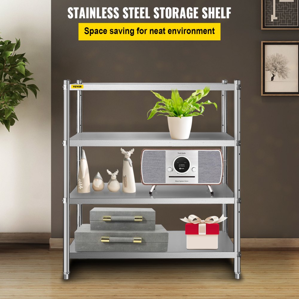 VEVOR Stainless Steel Shelving 46.8x18.5 Inch 4 Tier Adjustable Shelf Storage Unit Stainless Steel Heavy Duty Shelving for Kitchen Commercial Office Garage Storage 330lb Per Shelf