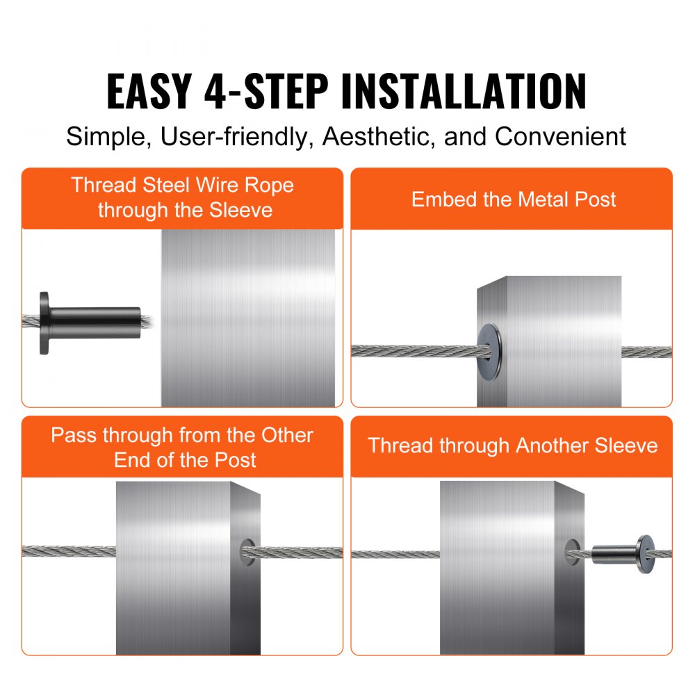 VEVOR 101 Pack T316 Stainless Steel Protector Sleeves for 1/8" Wire Rope Cable Railing, DIY Balustrade T316 Marine Grade, Come with A Free Drill Bit, Black