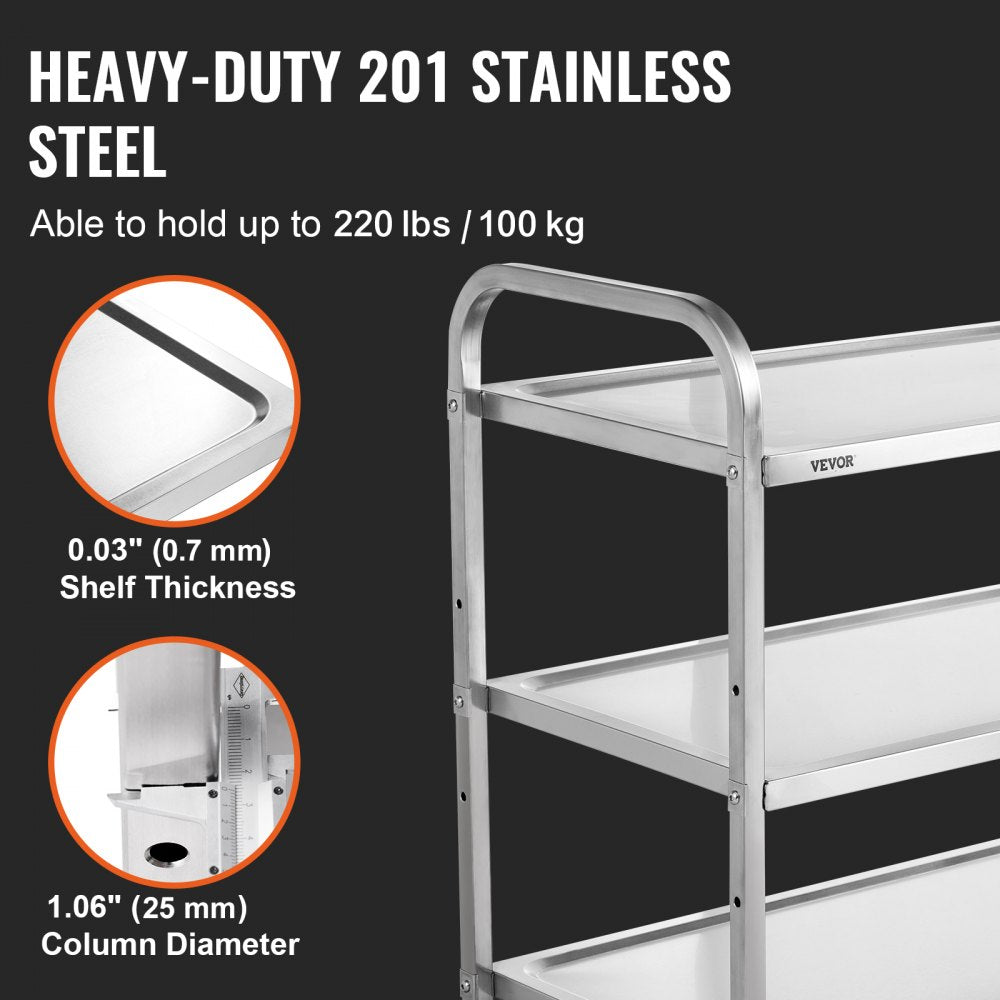 VEVOR Kitchen Utility Cart, 3 Tiers, Wire Rolling Cart with 450LBS Capacity, Steel Service Cart on Wheels, Metal Storage Trolley with 80mm Basket Curved Handle PP Liner 6 Hooks, for Indoor and Outdoor