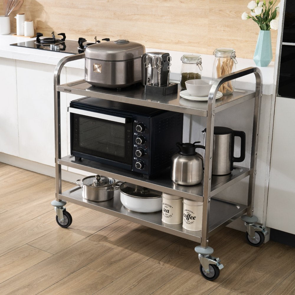 VEVOR Kitchen Utility Cart, 3 Tiers, Wire Rolling Cart with 450LBS Capacity, Steel Service Cart on Wheels, Metal Storage Trolley with 80mm Basket Curved Handle PP Liner 6 Hooks, for Indoor and Outdoor