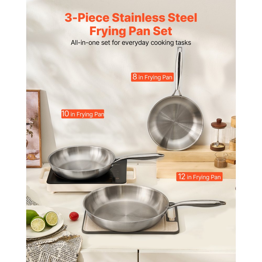 VEVOR Tri-Ply Stainless Steel Frying Pan, 3 Pcs Set (8, 10, 12 in), Cooking Skillet with Heat-Resistant Handle, Chef's Kitchen Cookware, Oven, Gas, Electric, Induction, Dishwasher Compatible, Silver
