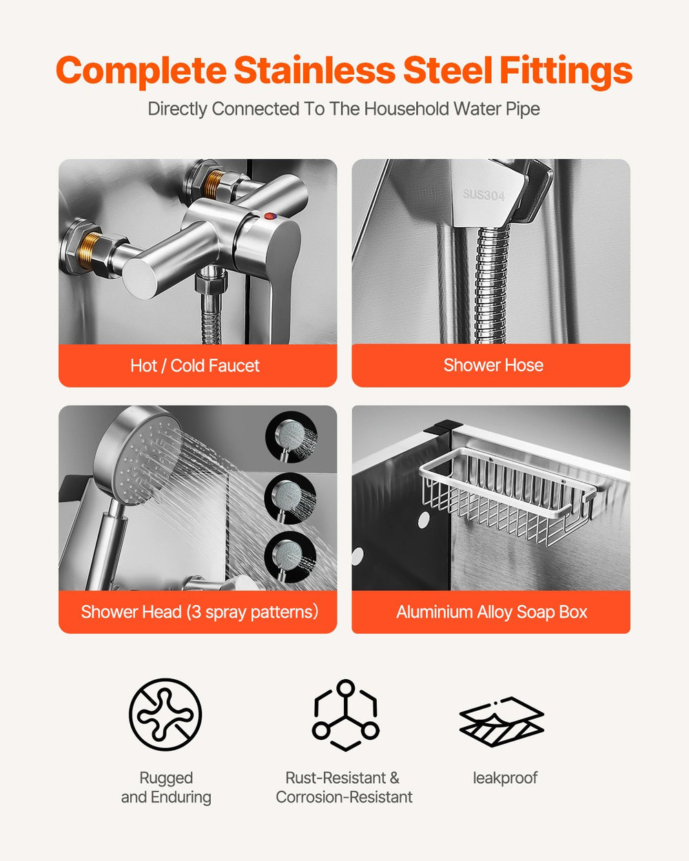 Stainless steel fittings set: hot/cold faucet, shower hose, 3-spray showerhead, soap holder