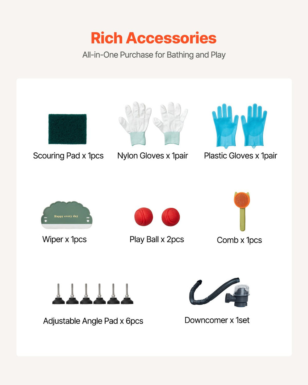 Included accessories overview (cleaning tools, gloves, balls, comb, pads, downcomer)