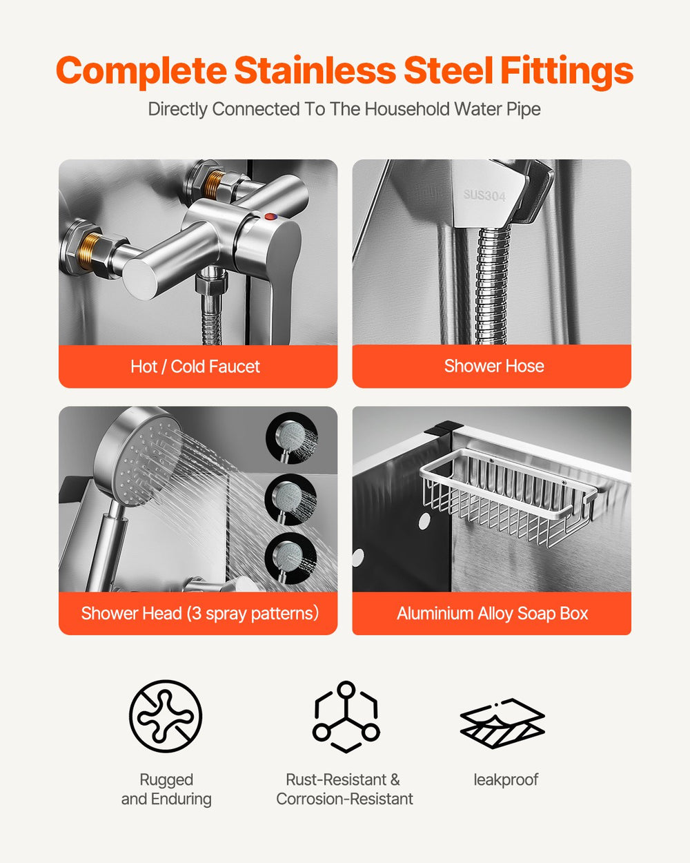Complete stainless steel fittings: hot/cold faucet, shower hose, 3-spray showerhead, soap box