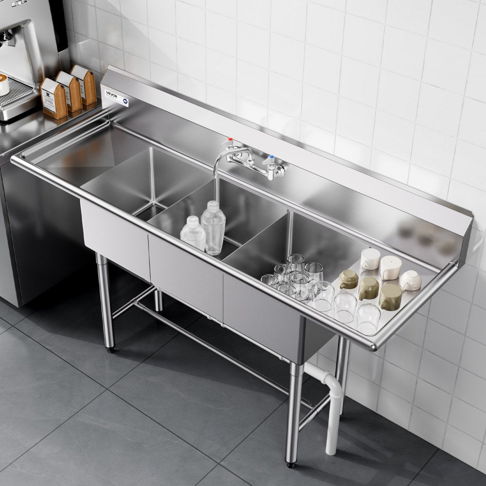 VEVOR 3 Compartment Sink, 18-Gauge 304 Stainless Steel, 14" x 16" x 11" Bowl Size, 3 Bay Commercial Kitchen Prep & Utility Sink with 2 Drainboards and Backsplash for Restaurant, Food Truck & Home Use