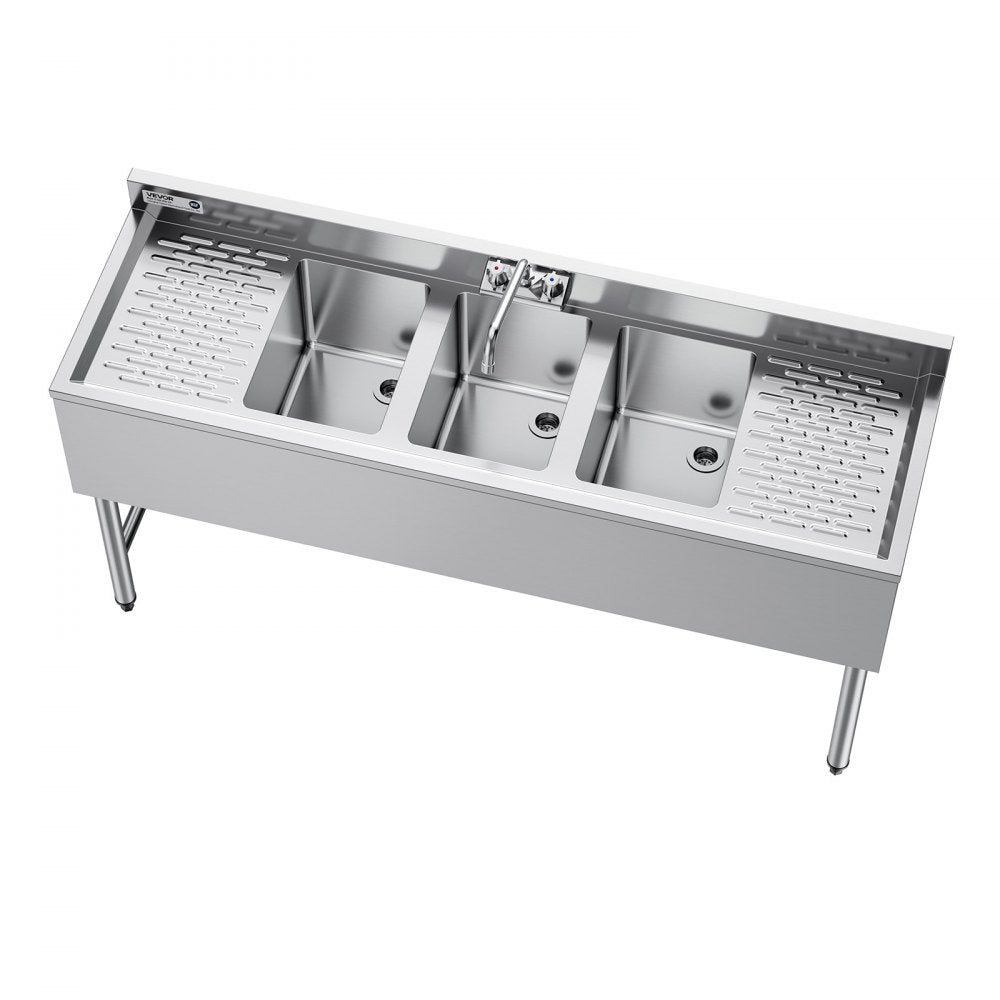 VEVOR 3 Compartment Sink, 18-Gauge 304 Stainless Steel, 10" x 14" x 10" Bowl Size, 3 Bay Commercial Under Bar Sink with Double Drainboard and Backsplash for Kitchen, Restaurant, Food Truck & Home Use