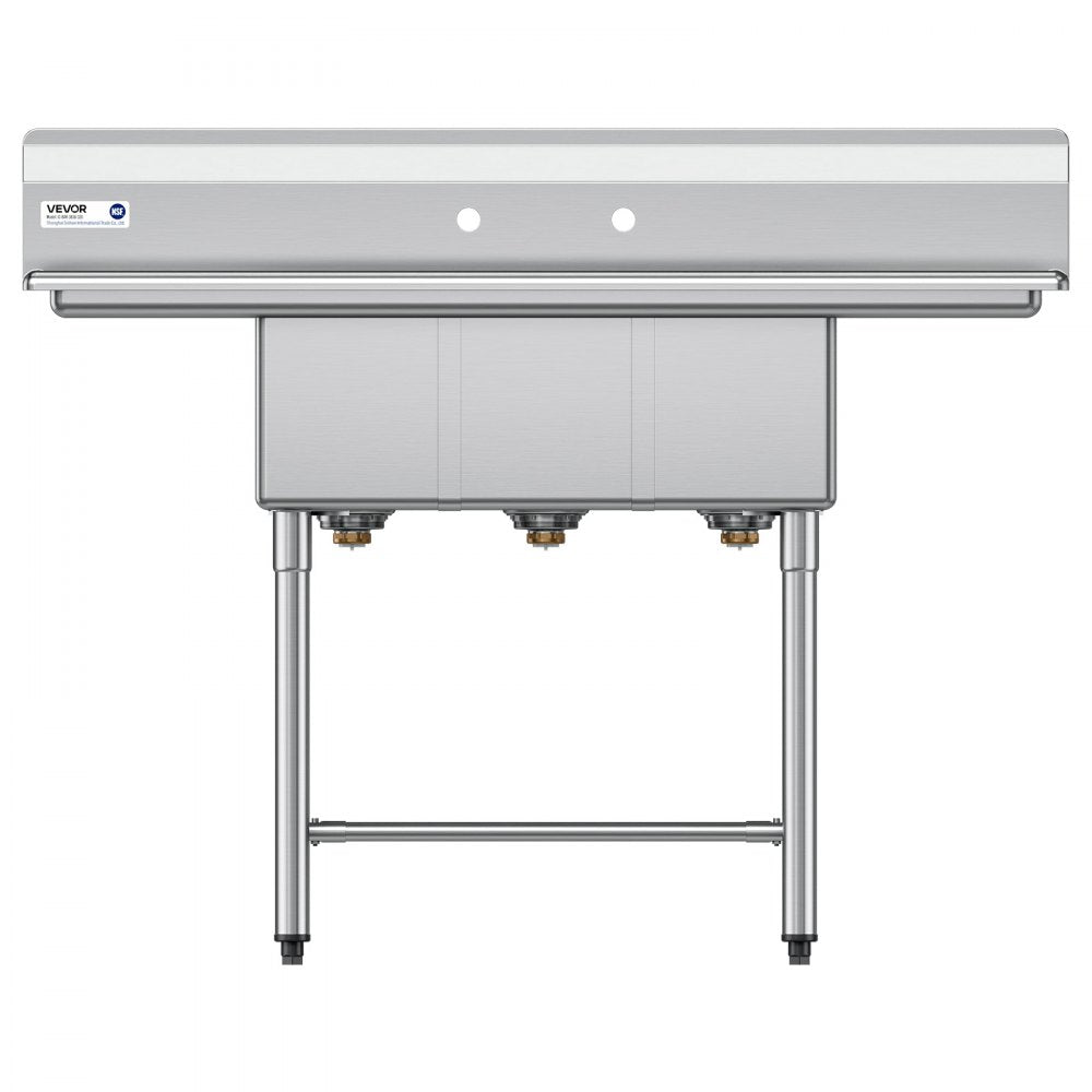 VEVOR 3 Compartment Sink, 18-Gauge 304 Stainless Steel, 10" x 14" x 10" Bowl Size, 3 Bay Commercial Kitchen Prep & Utility Sink with 2 Drainboards and Backsplash for Restaurant, Food Truck & Home Use