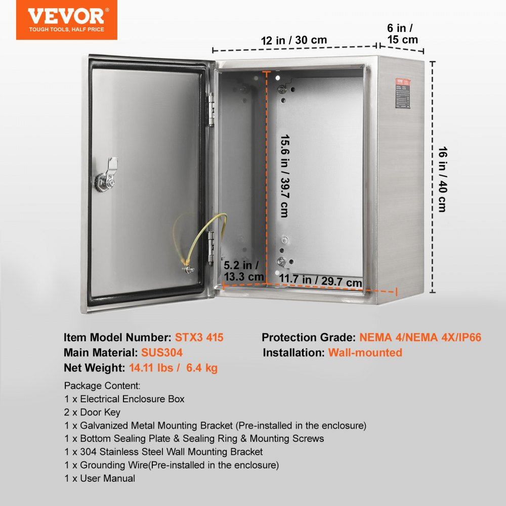 VEVOR Steel Electrical Box, 16"x 12"x 6", 304 Stainless Steel Electrical Enclosure Box, Wall-Mounted Outdoor Electrical Electronic Equipment Enclosure with Mounting Plate Hinges Lock, IP66 Waterproof