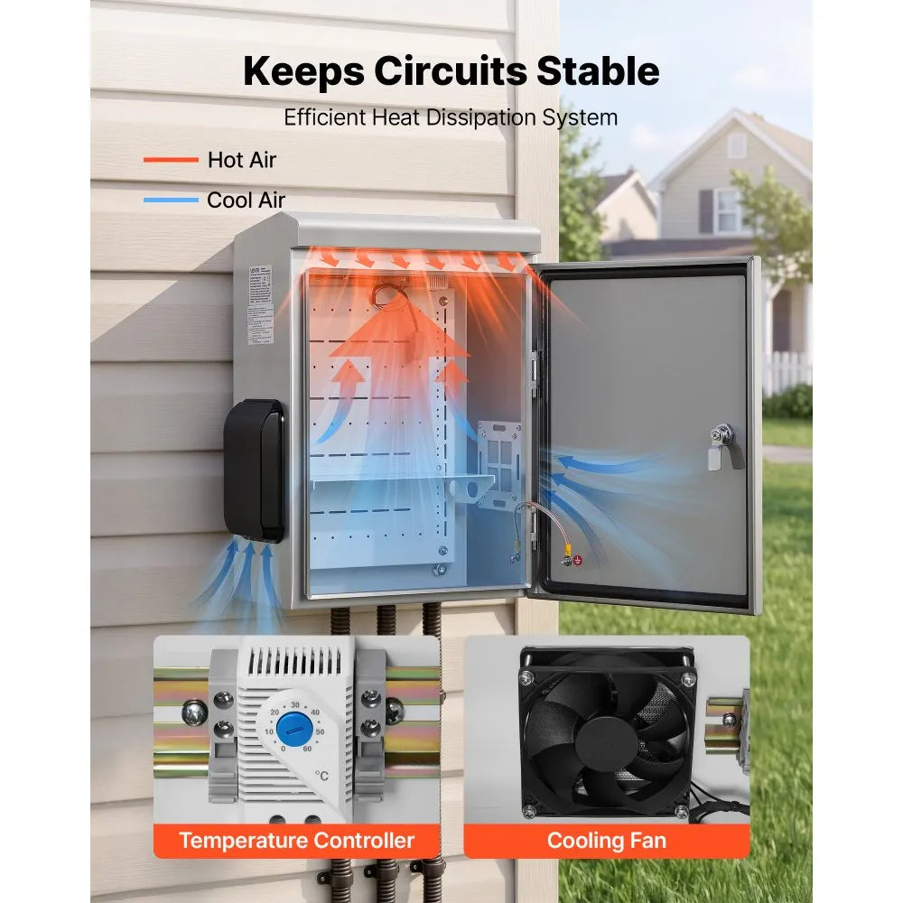 VEVOR Outdoor Electrical Box, 20 x 16 x 8 in, Stainless Steel Ventilated Electrical Enclosure with Thermostat and Fan, Rain Hood, Hinge Connection, IP65 Waterproof Junction Box, Wall/Pole Mounted,