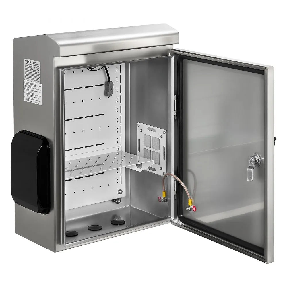 VEVOR Outdoor Electrical Box, 20 x 16 x 8 in, Stainless Steel Ventilated Electrical Enclosure with Thermostat and Fan, Rain Hood, Hinge Connection, IP65 Waterproof Junction Box, Wall/Pole Mounted,