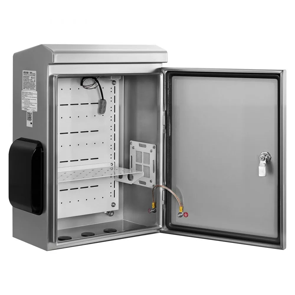 VEVOR Outdoor Electrical Box, 20 x 16 x 8 in, Stainless Steel Ventilated Electrical Enclosure with Thermostat and Fan, Rain Hood, Hinge Connection, IP65 Waterproof Junction Box, Wall/Pole Mounted,
