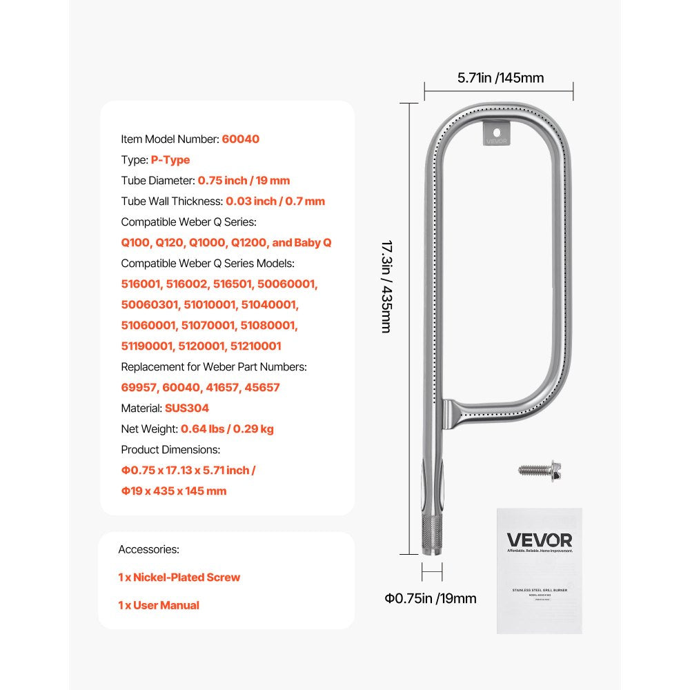 VEVOR Grill Burner Tube for Weber Q100, Q120, Q1000, Q1200, Baby Q Gas Grills, 17 inch 304 Stainless Steel Tube Burner for Weber 516001, 516002, 50060001, Replacement Part 69957, 60040, 41657, 45657