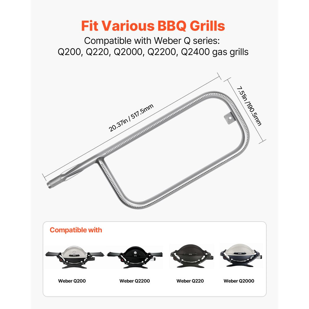 VEVOR Grill Burner Tube for Weber Q200, Q220, Q2000, Q2200, Q2400, 20.5 inch 304 Stainless Steel Tube Burner for Weber 396000, 396001, 396002, 566002, 53060001, Replacement Part 60041, 69956, 41862