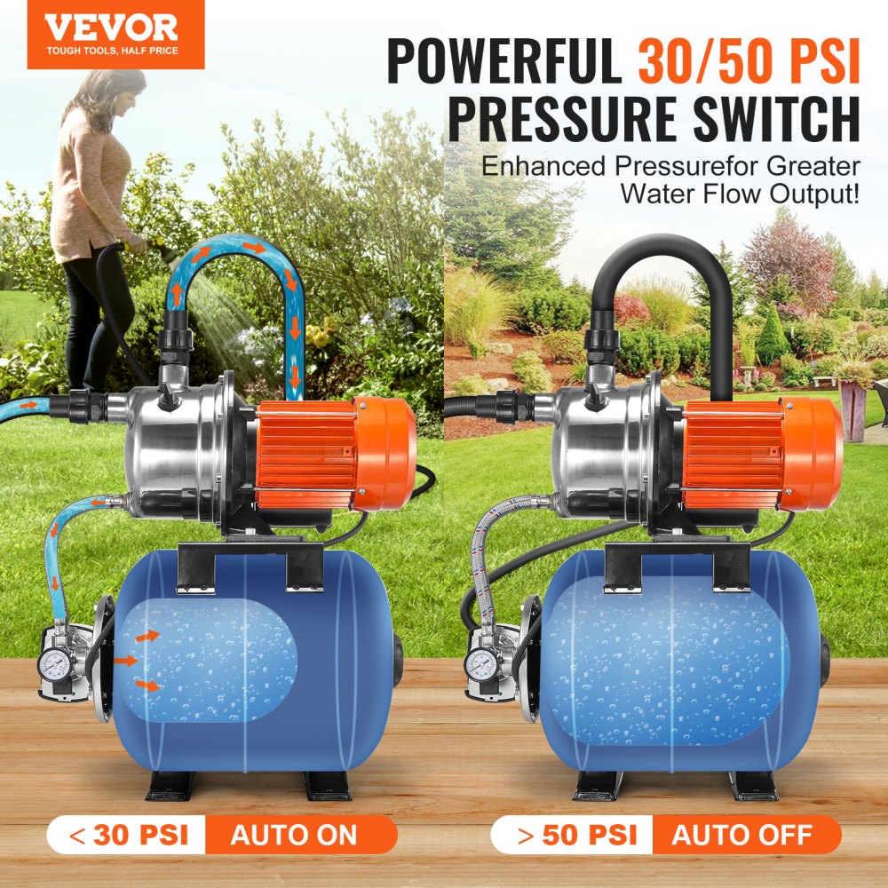 VEVOR 1.6 HP Shallow Well Pump with Pressure Tank, 1320 GPH, Automatic Irrigation Water Booster Pump with 5-Gal Pressure Tank 30/50 PSI Pressure Switch, Stainless Steel Pump Head for Home Garden Lawn