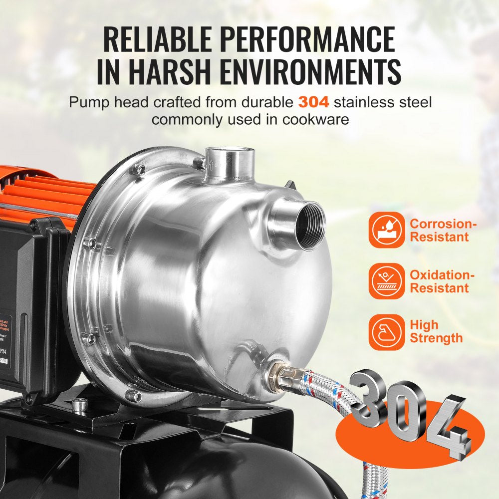 VEVOR 1.6 HP Shallow Well Pump with Pressure Tank, 1320 GPH, Automatic Irrigation Water Booster Pump with 5-Gal Pressure Tank 30/50 PSI Pressure Switch, Stainless Steel Pump Head for Home Garden Lawn