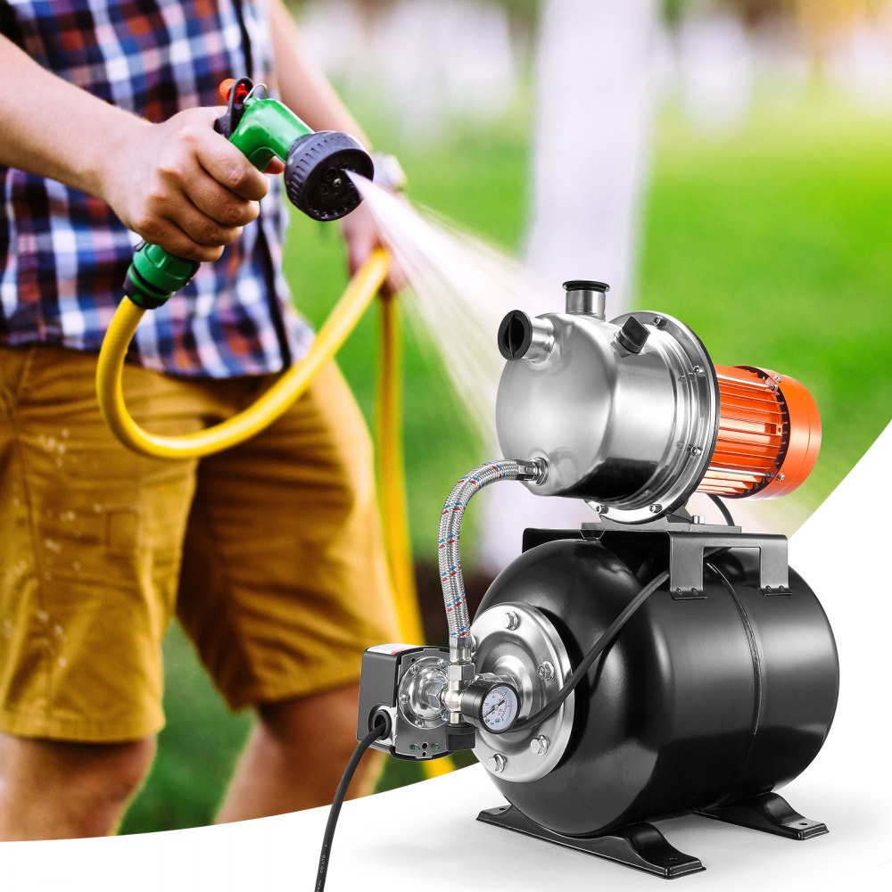 VEVOR 1.6 HP Shallow Well Pump with Pressure Tank, 1320 GPH, Automatic Irrigation Water Booster Pump with 5-Gal Pressure Tank 30/50 PSI Pressure Switch, Stainless Steel Pump Head for Home Garden Lawn