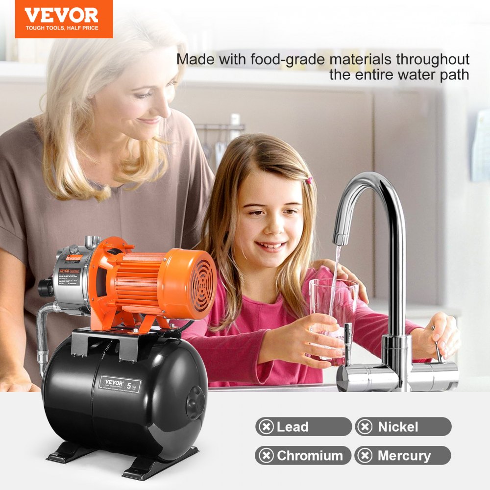 VEVOR 1.6 HP Shallow Well Pump with Pressure Tank, 1320 GPH, Automatic Irrigation Water Booster Pump with 30/50 PSI Pressure Switch for Home Garden Lawn, for Drinking Water Security