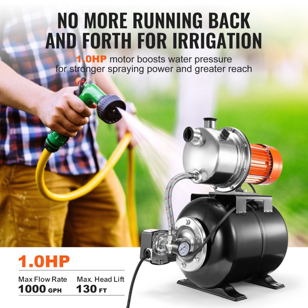 VEVOR 1 HP Shallow Well Pump with Pressure Tank, 1000 GPH, Automatic Irrigation Water Booster Pump with 130 ft Head Lift 20/40 PSI Pressure Switch, 304 Stainless Steel Pump Head for Home Garden Lawn