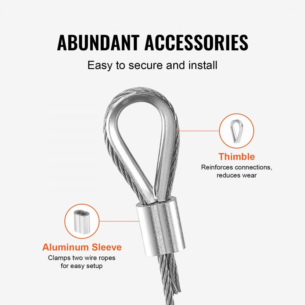 VEVOR Wire Rope Kit, 1/16" 330 ft 304 Stainless Steel Cable with 80 Sleeves and 20 Thimbles, 450 lbs Breaking Strength, 7x7 Strands Marine Aircraft Grade for Handrail Stair Decking Fence Outdoors
