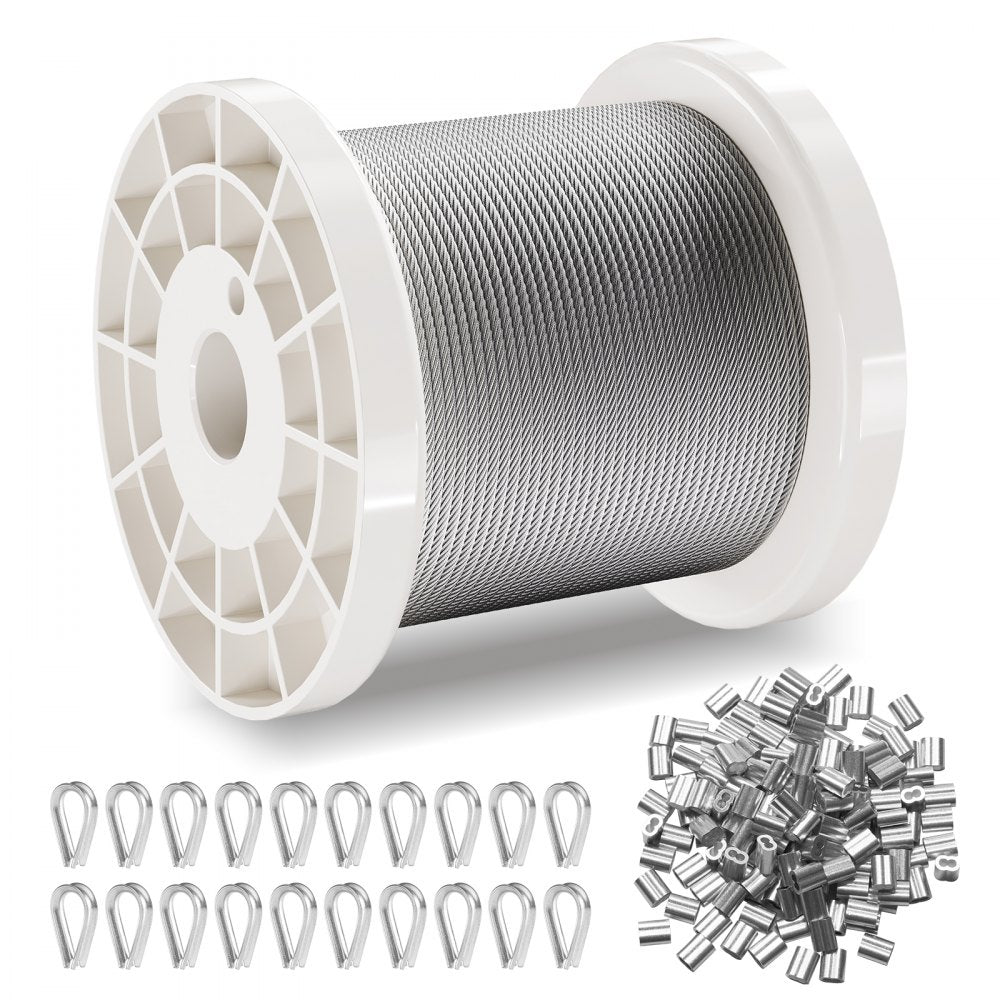 VEVOR Wire Rope Kit, 1/16" 330 ft 304 Stainless Steel Cable with 80 Sleeves and 20 Thimbles, 450 lbs Breaking Strength, 7x7 Strands Marine Aircraft Grade for Handrail Stair Decking Fence Outdoors
