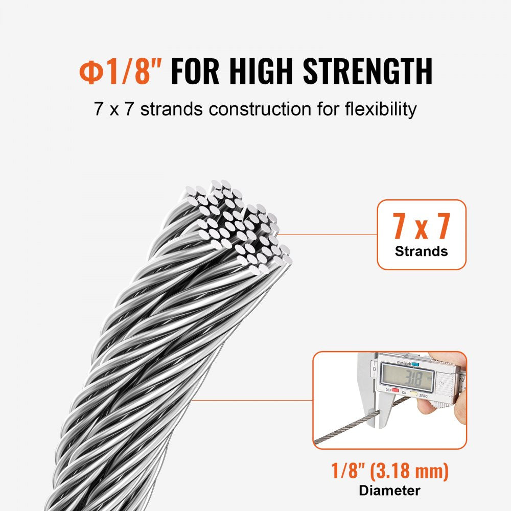VEVOR Wire Rope Kit, 1/8" 100 ft 304 Stainless Steel Cable with 124 Accessories, 1600 lbs Breaking Strength, 7x7 Strands Construction Marine Aircraft Grade for Handrail Stair Decking Fence Outdoors