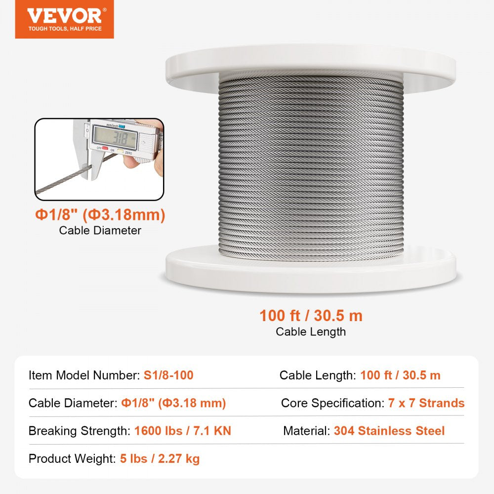 VEVOR Wire Rope Kit, 1/8" 100 ft 304 Stainless Steel Cable with 124 Accessories, 1600 lbs Breaking Strength, 7x7 Strands Construction Marine Aircraft Grade for Handrail Stair Decking Fence Outdoors
